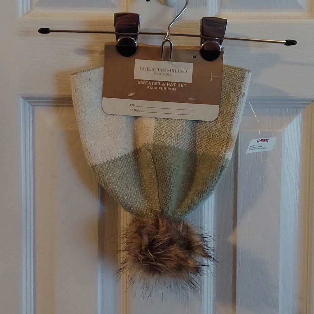 CHRISTIAN SIRIANO NEW YORK Cashmere Fur Plaid Beanie Avacado/Cream O/S BNWT SO